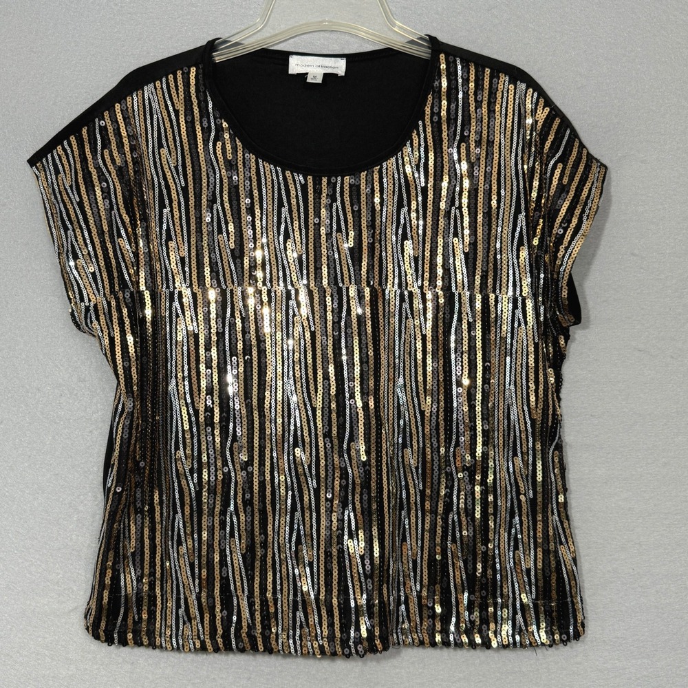 Modern Attraction Women's Black Sequin Stripe Top Size M Evening Party Holiday‎